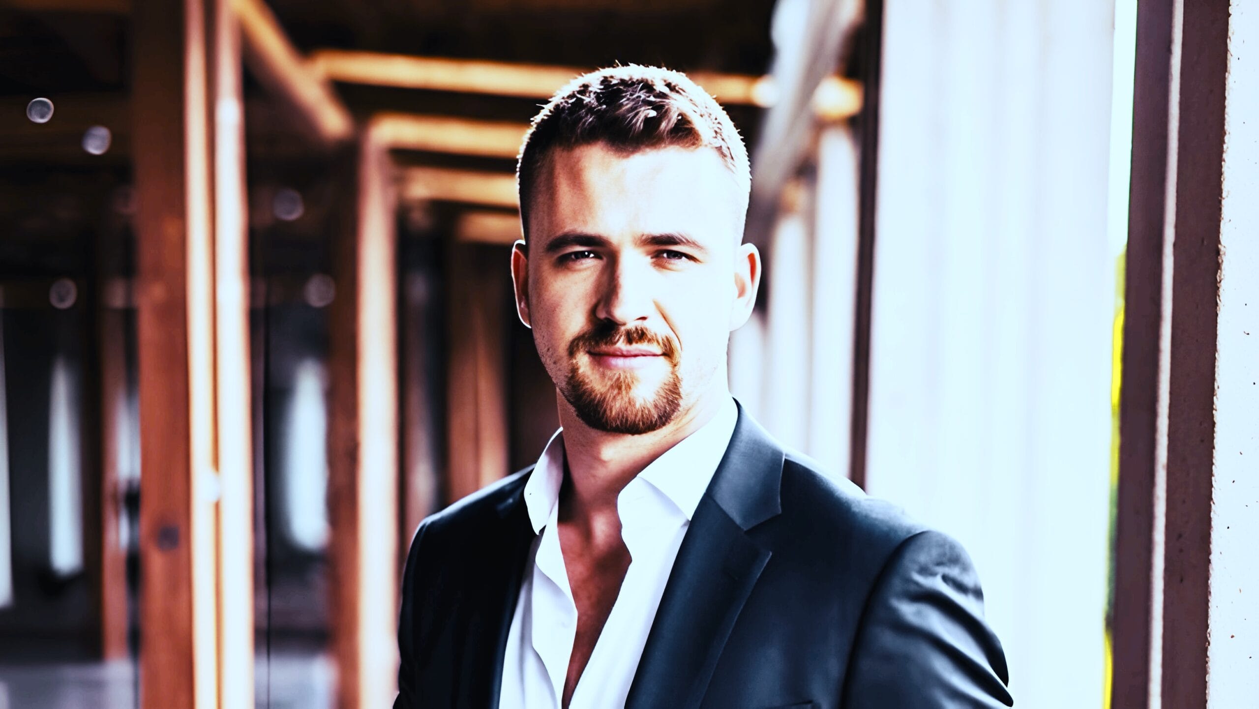 Benedikt Gruber im Business-Outfit lächelnd vor neutralem Hintergrund mit professioneller Körperhaltung