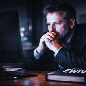 Ratloser Unternehmer nachts am Computer mit EWIV-Buch – Symbolbild für Ärger durch fehlerhafte Rechtsformwahl