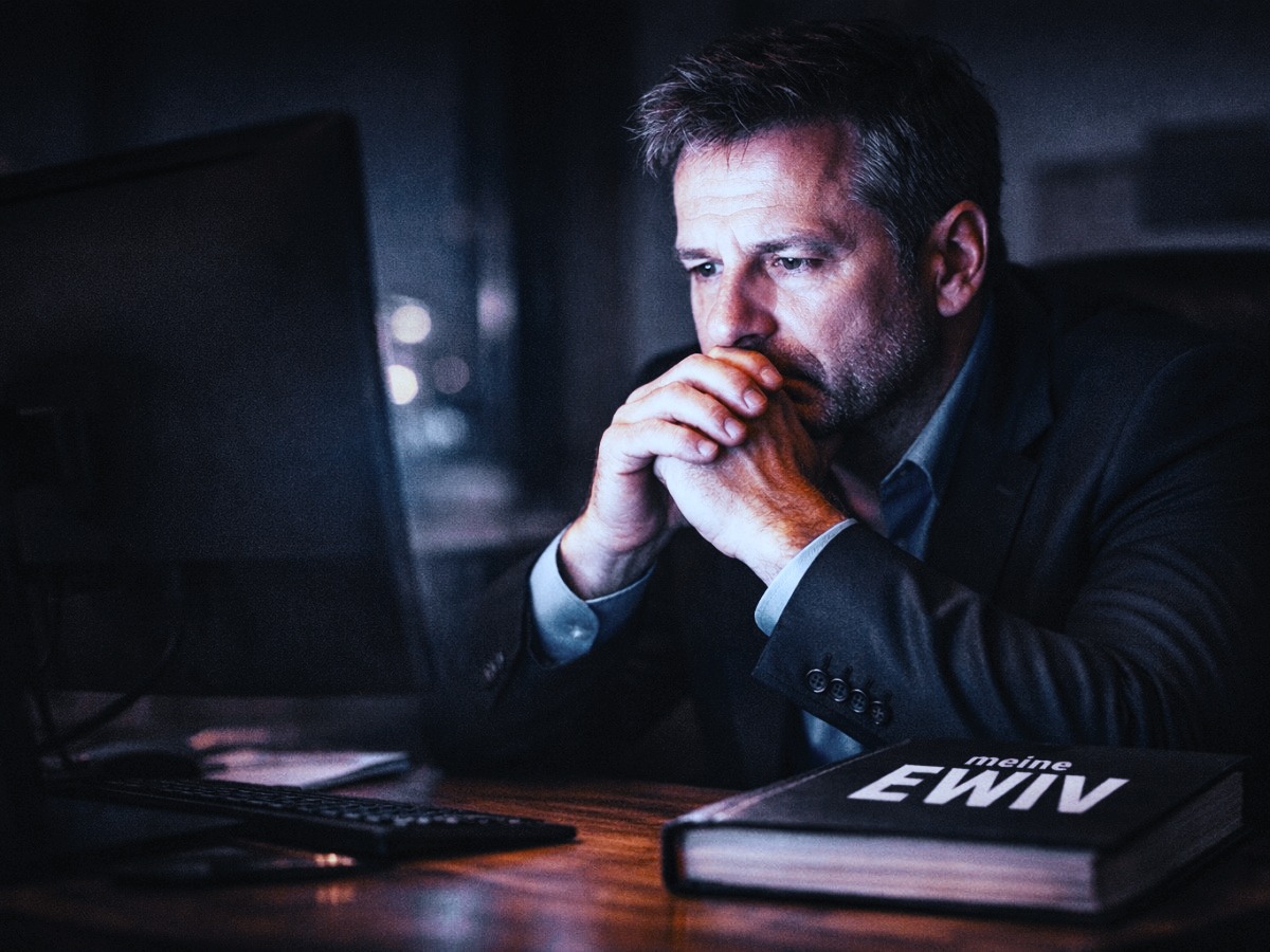 Ratloser Unternehmer nachts am Computer mit EWIV-Buch – Symbolbild für Ärger durch fehlerhafte Rechtsformwahl