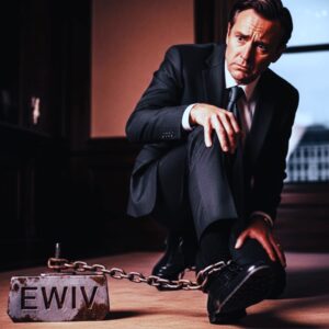 Geschäftsmann mit Fußfessel und Gewicht 'EWIV' – Symbolbild für EWIV Probleme und Haftungsrisiken