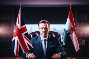 Geschäftsmann am Schreibtisch zwischen britischer und ungarischer Flagge – Hunconsult vermittelt Trading Houses