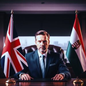 Geschäftsmann am Schreibtisch zwischen britischer und ungarischer Flagge – Hunconsult vermittelt Trading Houses