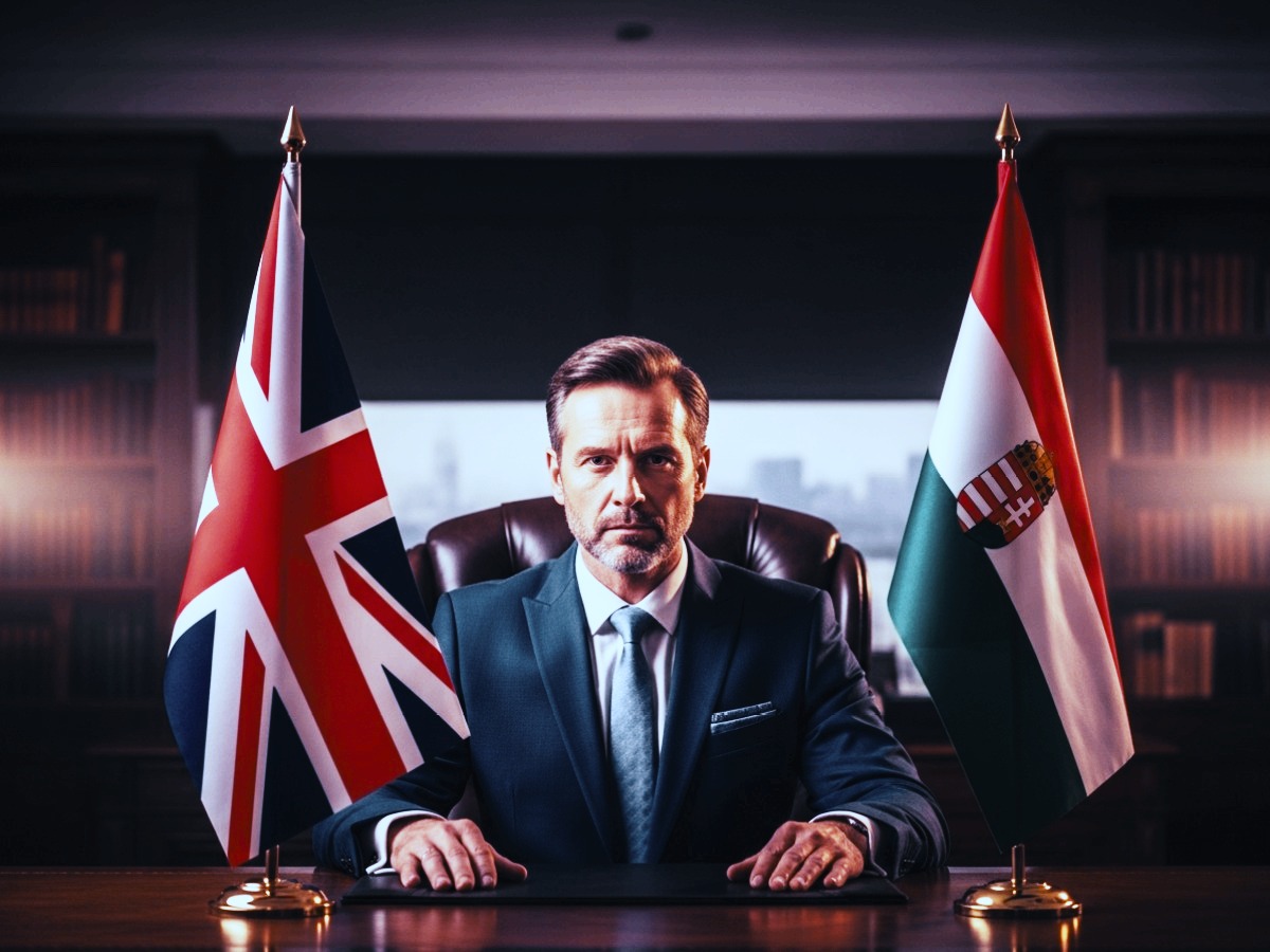 Geschäftsmann am Schreibtisch zwischen britischer und ungarischer Flagge – Hunconsult vermittelt Trading Houses