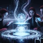 Drei Personen betrachten holografische Datenvisualisierung – Symbolbild für digitale Klarheit bei Pandora Digital
