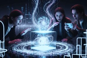 Drei Personen betrachten holografische Datenvisualisierung – Symbolbild für digitale Klarheit bei Pandora Digital