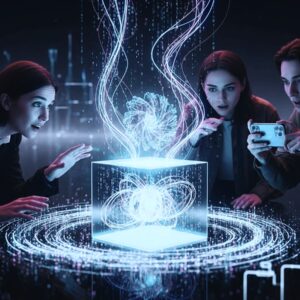 Drei Personen betrachten holografische Datenvisualisierung – Symbolbild für digitale Klarheit bei Pandora Digital