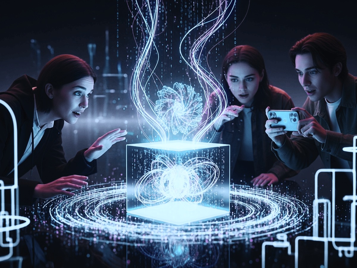 Drei Personen betrachten holografische Datenvisualisierung – Symbolbild für digitale Klarheit bei Pandora Digital