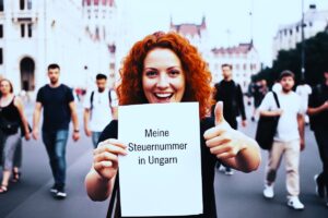 Frau zeigt lächelnd Dokument mit Text 'Meine Steuernummer in Ungarn' – Symbolbild für Steuernummer-Beantragung
