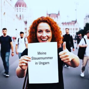 Frau zeigt lächelnd Dokument mit Text 'Meine Steuernummer in Ungarn' – Symbolbild für Steuernummer-Beantragung