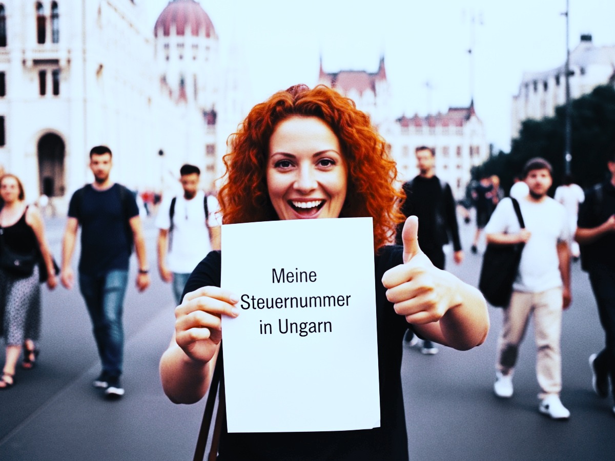 Frau zeigt lächelnd Dokument mit Text 'Meine Steuernummer in Ungarn' – Symbolbild für Steuernummer-Beantragung